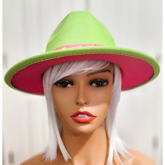 Fedora Hat Green Outside & Hot Pink Inside with Pink Emoji Headband - Picture 3 of 7